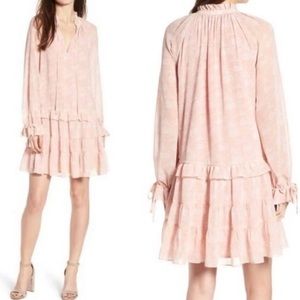 Rebecca Minkoff S Dress Dyan Drop Waist Pink Chiffon Long Sleeve Mock Neck Flora